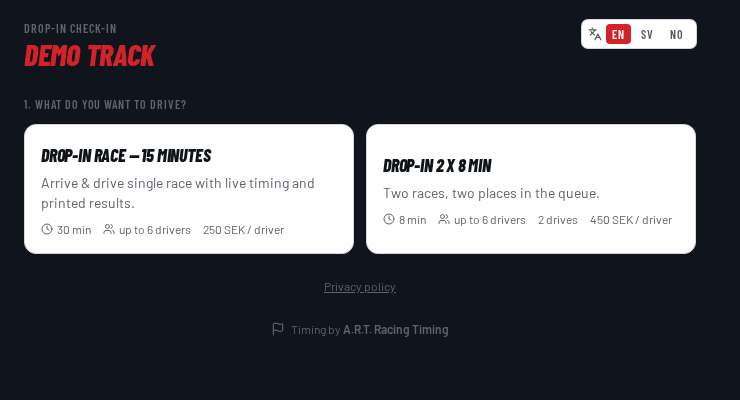 The drop-in check-in page with two sessions to choose from